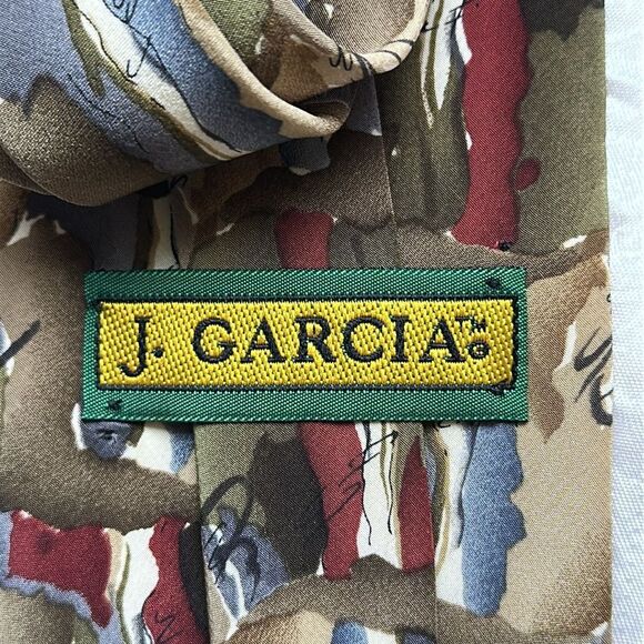 Vintage J. Garcia Red, Cream, Blue, Tan & Green Abstract Design Silk Tie - Picture 4 of 6